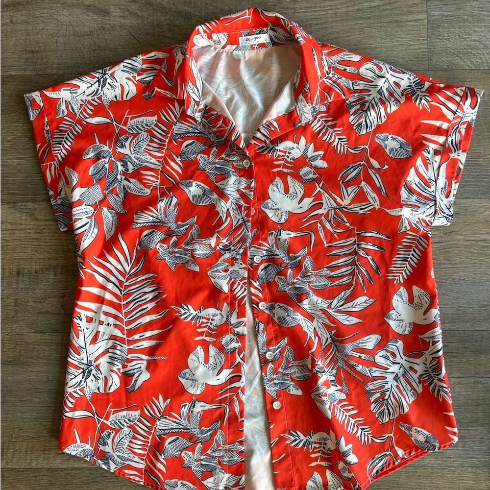 zeagoo Red Tropical Print Button-Down Shirt